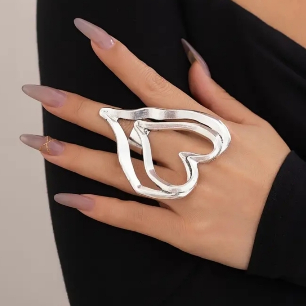 Adjustable Oversized Silvertone Double Heart Statement Ring